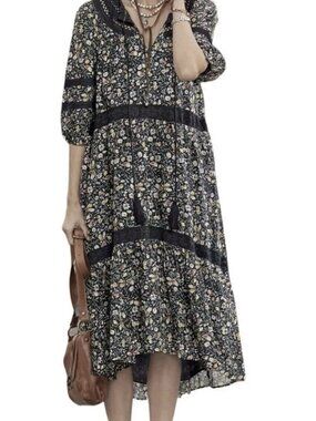 Sundance Isadora Blooms prairie black cotton tiered boho midi dress size M